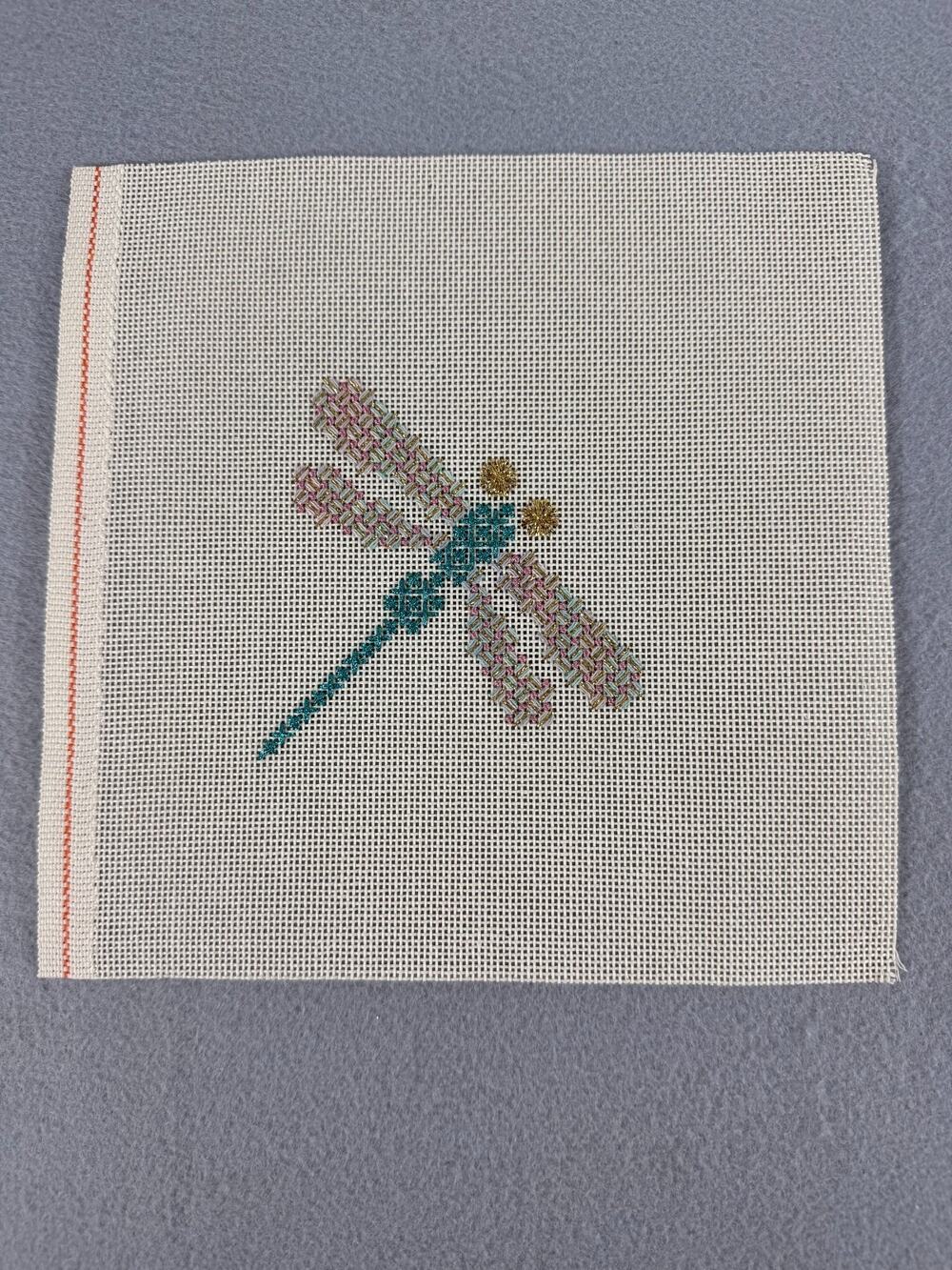 Needlepoint Canvas Completed Dragonfly Metallic Thread Hand Stitched